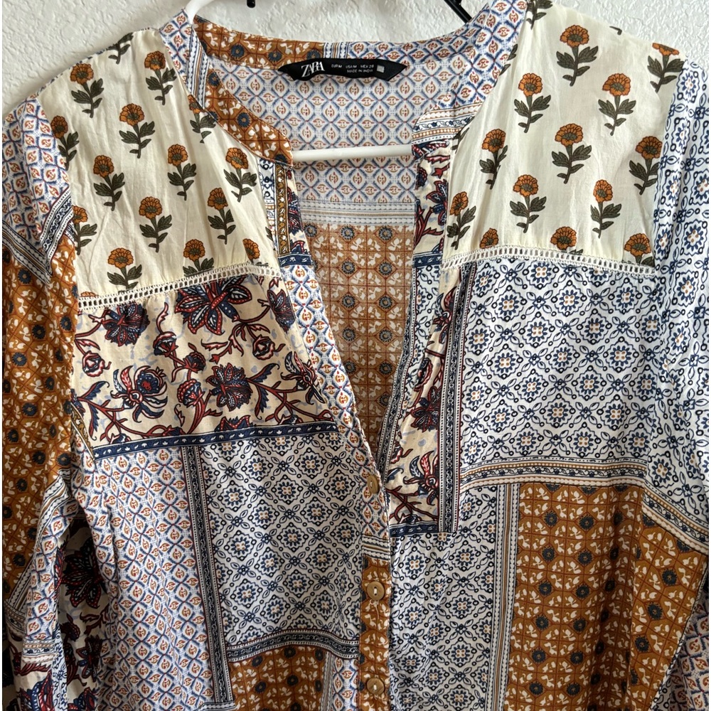 Zara Patchwork Mini Dress in Cream, Brown and Blue - Picture 5 of 5